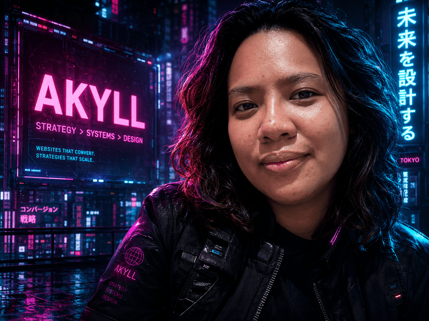 Akyll cyberpunk environmental portrait